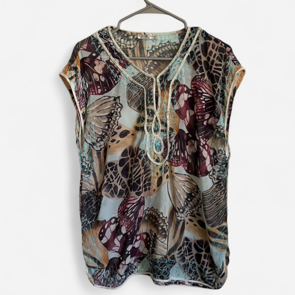 Alberto Makali Sheer Flowy Butterfly Print Embroidered Beaded Tunic Blouse
